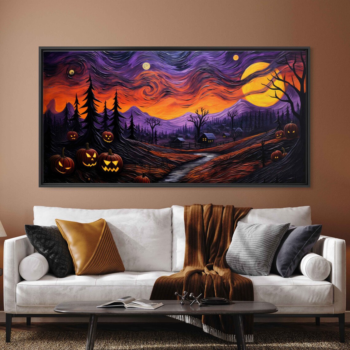 Starry Night Halloween Jack O Lanterns Spooky Town Moon Van Gogh Art Print - Image 3