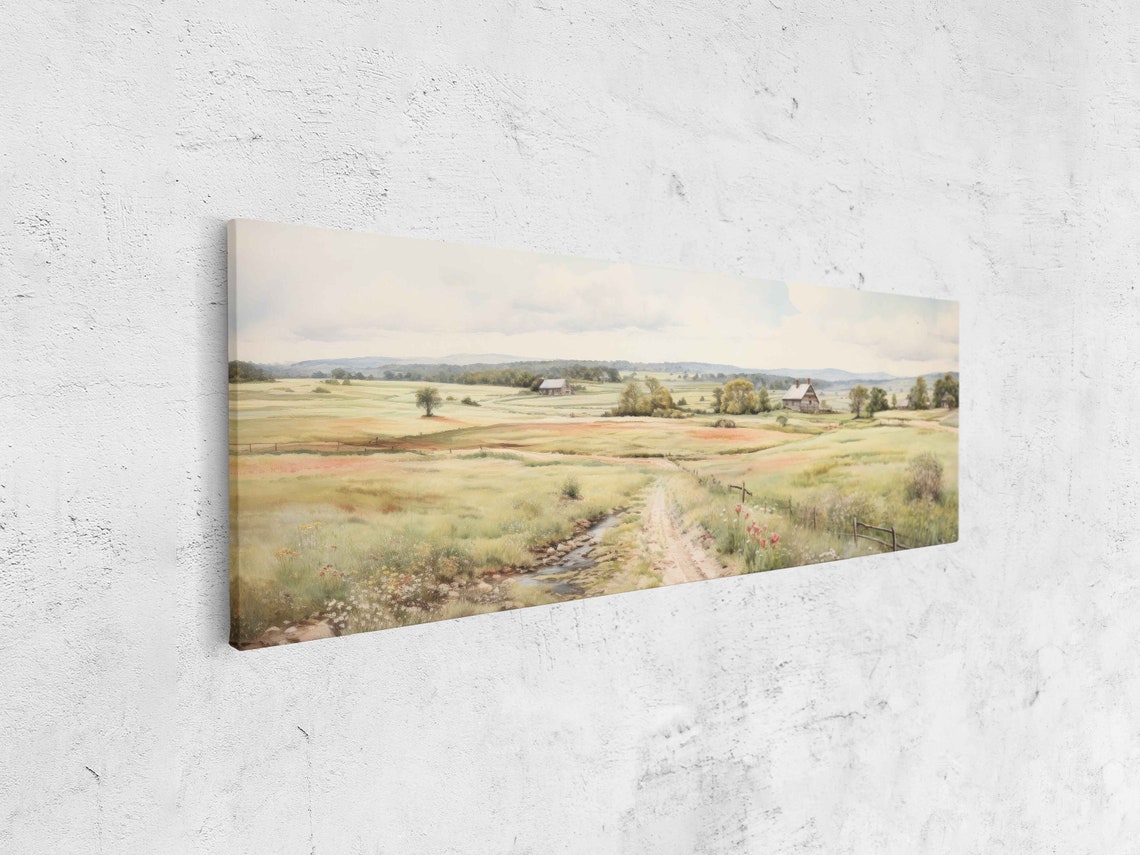 Rustic Countryside Landscape Acrylic Panoramic Painting Reproduction Print On Ready To Hang - Image 4