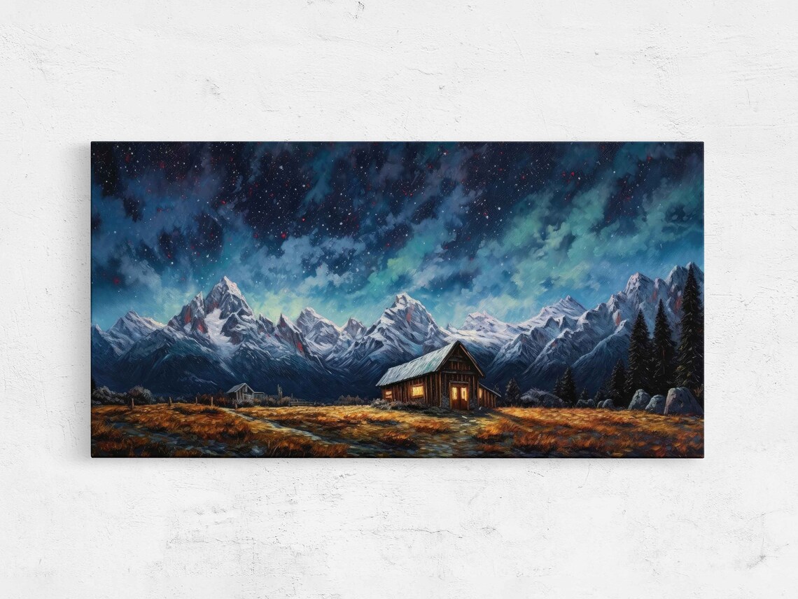 Log Cabin Under Aurora Night Sky Snowy Mountain Peaks Art Poster