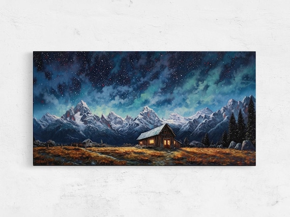 Log Cabin Under Aurora Night Sky Snowy Mountain Peaks Art Poster
