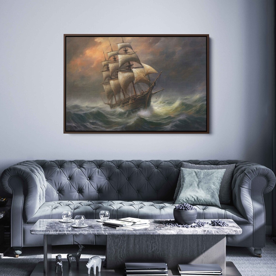 Vintage Tall Ship Full Sails Stormy Sea Sunset Acrylic Painting Print - Image 3