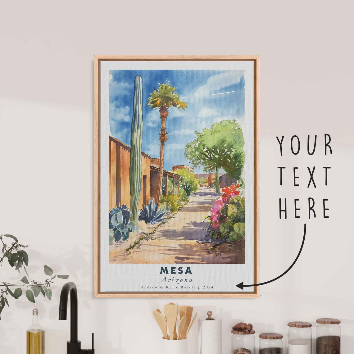 Mesa Arizona Desert Street Saguaro Cactus Adobe Watercolor Art Poster - Image 3