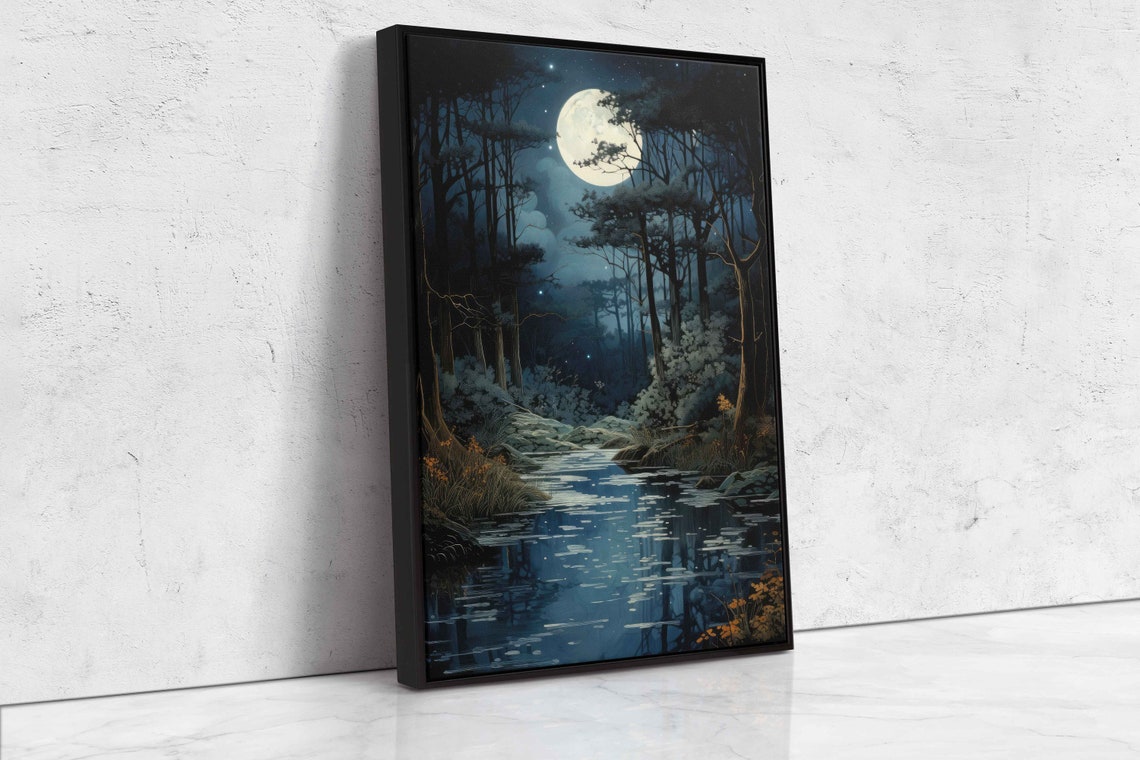 Moonlit Forest Stream Night Painting Full Moon Reflection Woods Poster - Image 4
