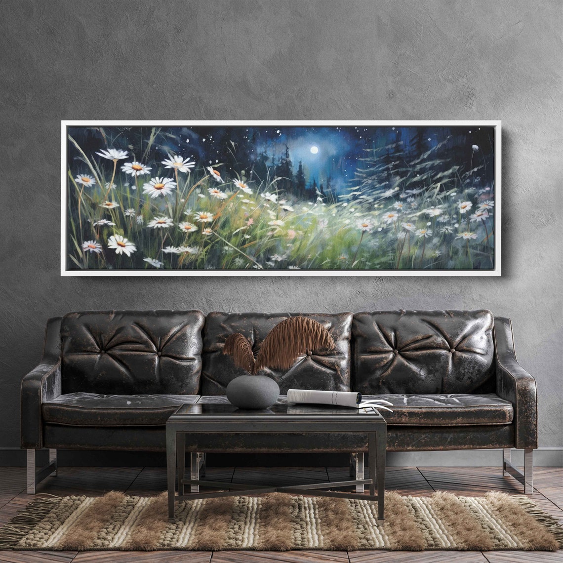 Wild Daisies Moonlit Meadow Night Panoramic Flower Field Art Print - Image 3