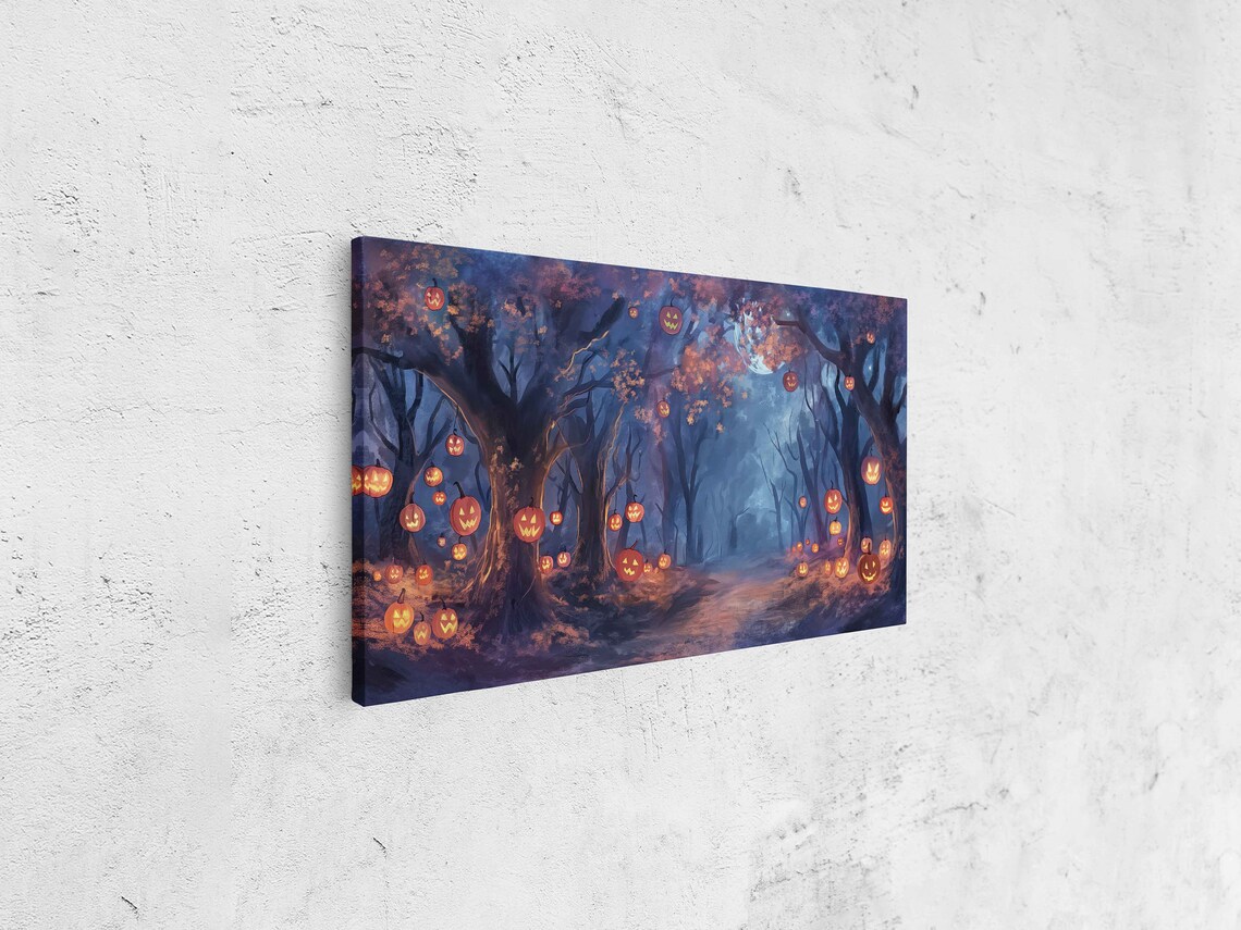 Enchanted Moonlit Forest With Glowing Jack O Lanterns Halloween Night Wall Art - Image 4