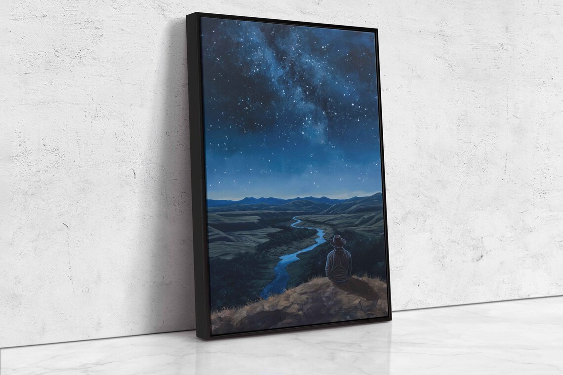 Cowboy Sitting On Cliff Star Filled Sky Mountain Range Peaceful River Wall Art Print Ready To Hang - Image 4