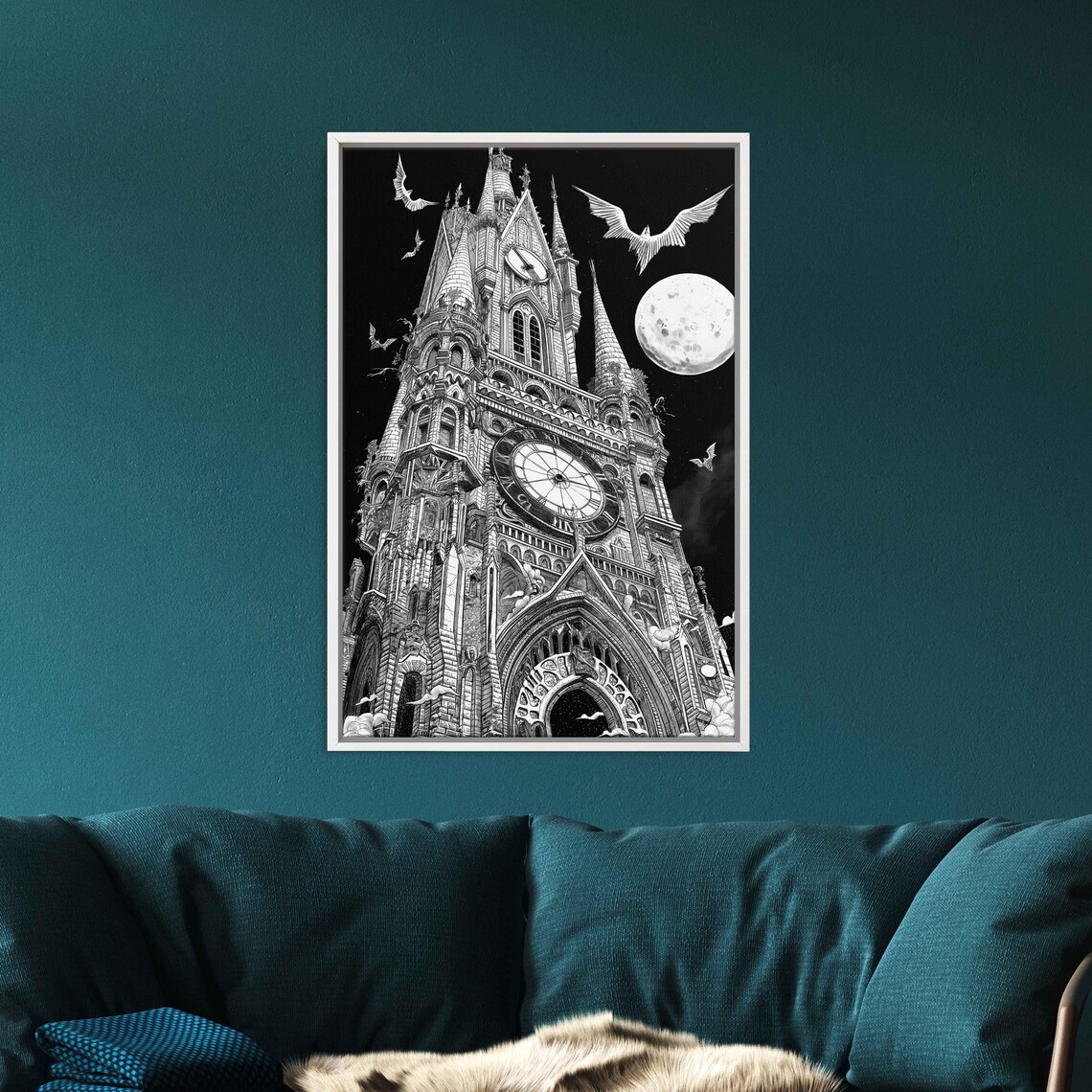 Gothic Clocktower Under Full Moon With Bats Flying Night Sky Wall Poster - Image 3