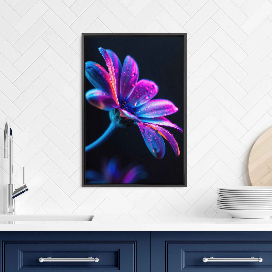 Magenta Daisy Dewdrops Neon Macro Flower Black Background Poster