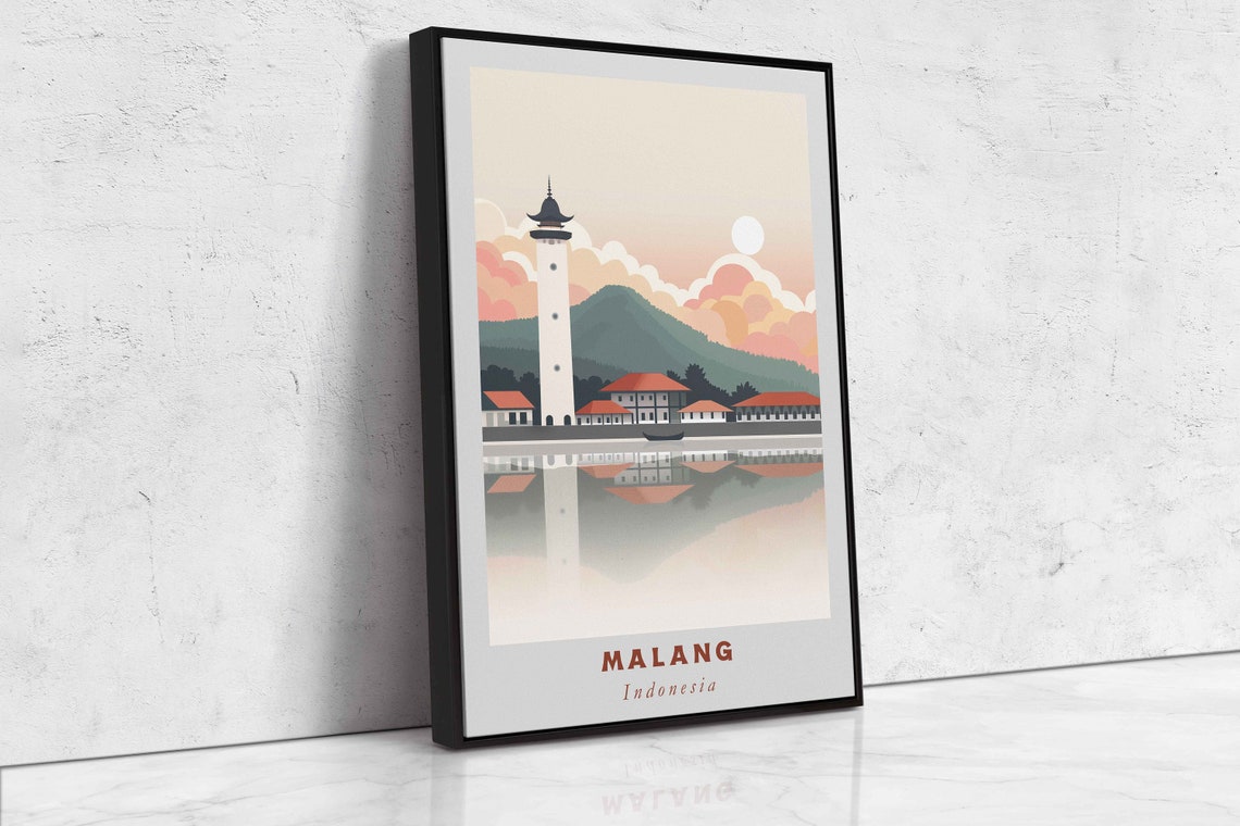 Malang Indonesia Tower Waterfront Reflection Retro Travel Poster - Image 2