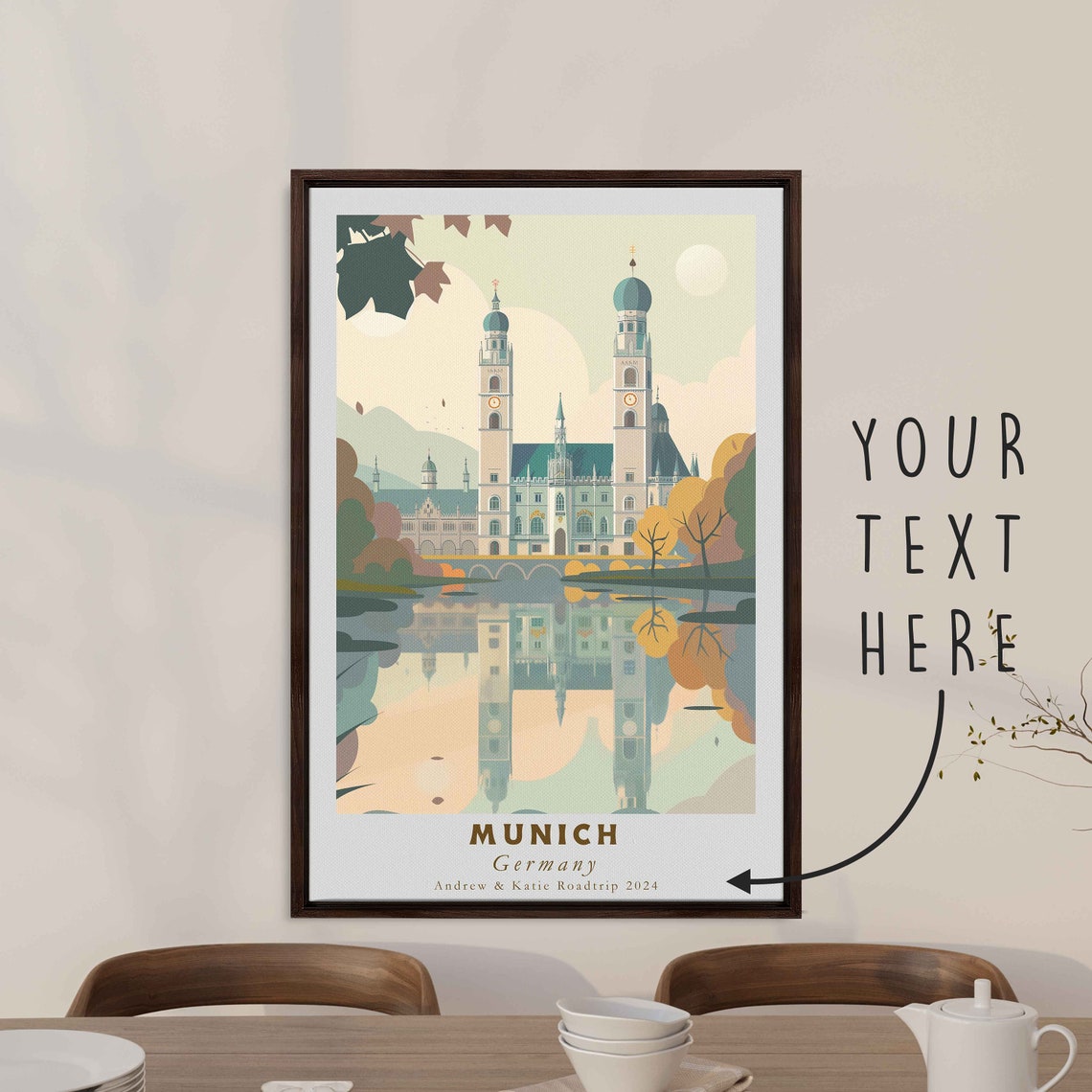 Munich Germany Twin Domed Church River Reflection Travel Poster - Image 3