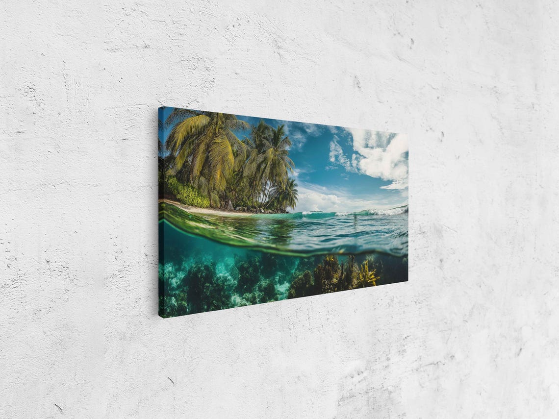 Tropical Island Split View Coral Reef Underwater Palm Beach Art Poster - Image 4
