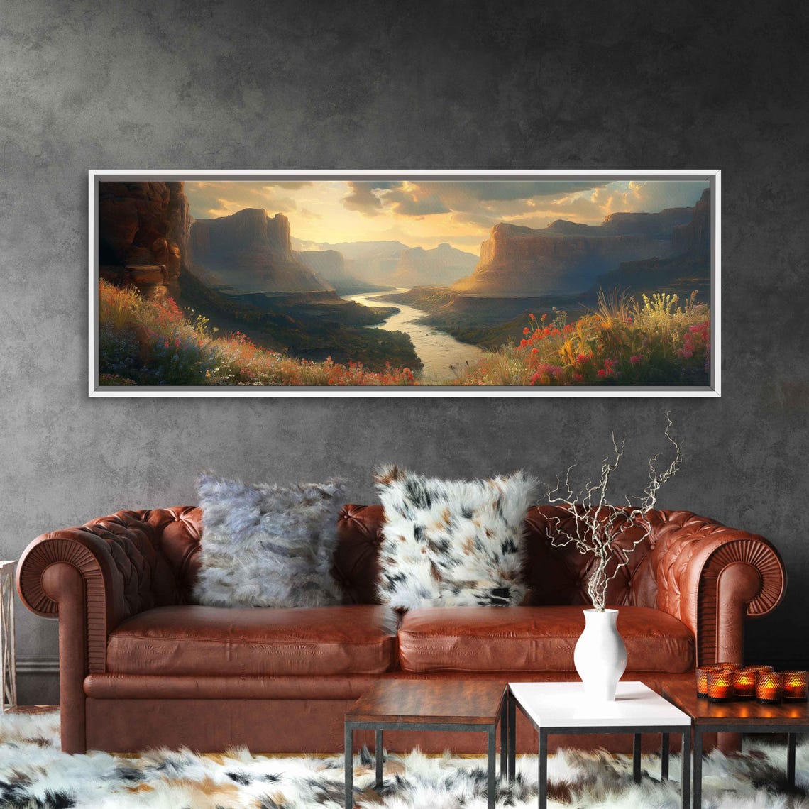Canyon River Golden Hour Wildflowers Panoramic Landscape Art Poster