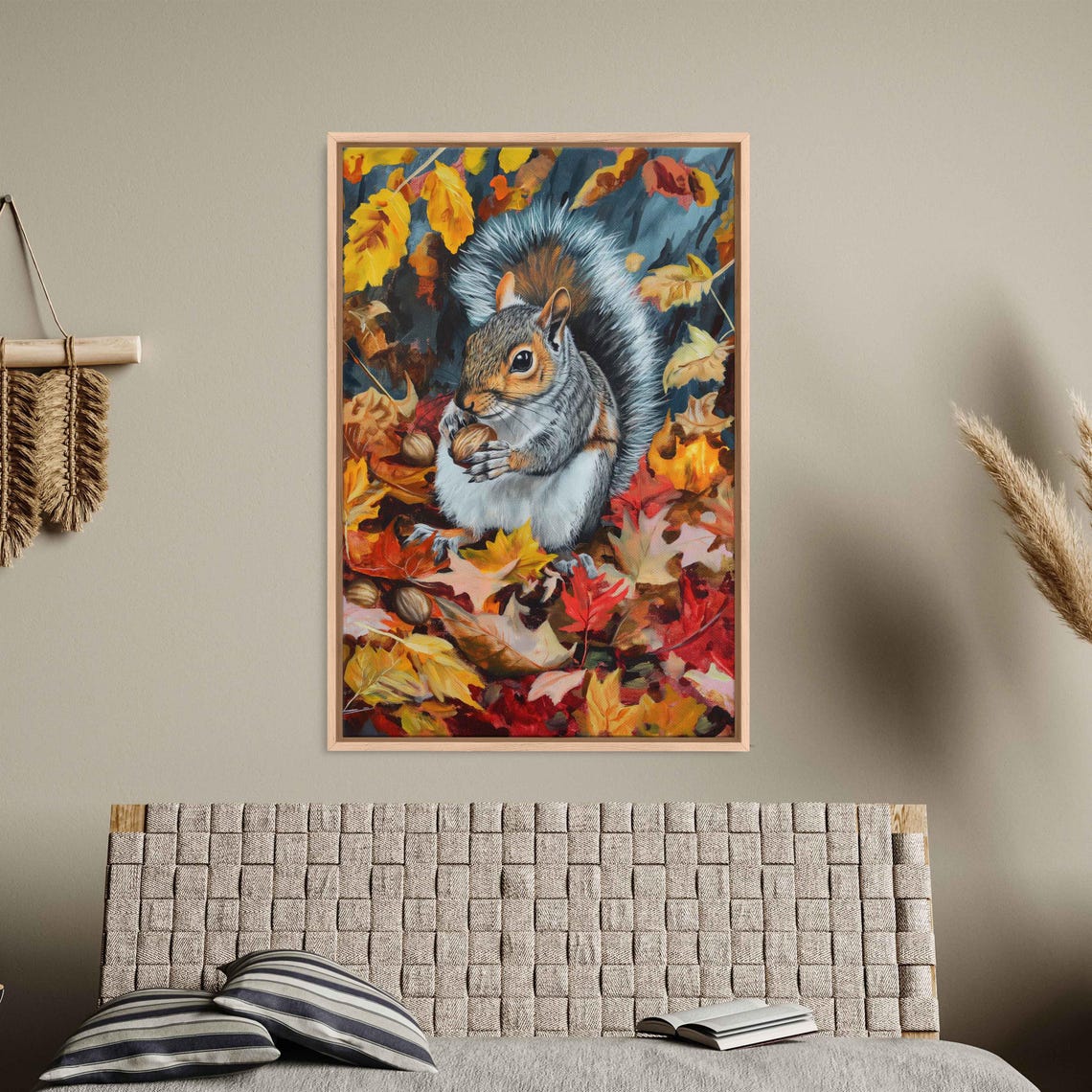 Gray Squirrel Eating Acorns Autumn Leaves Wildlife Wall Poster