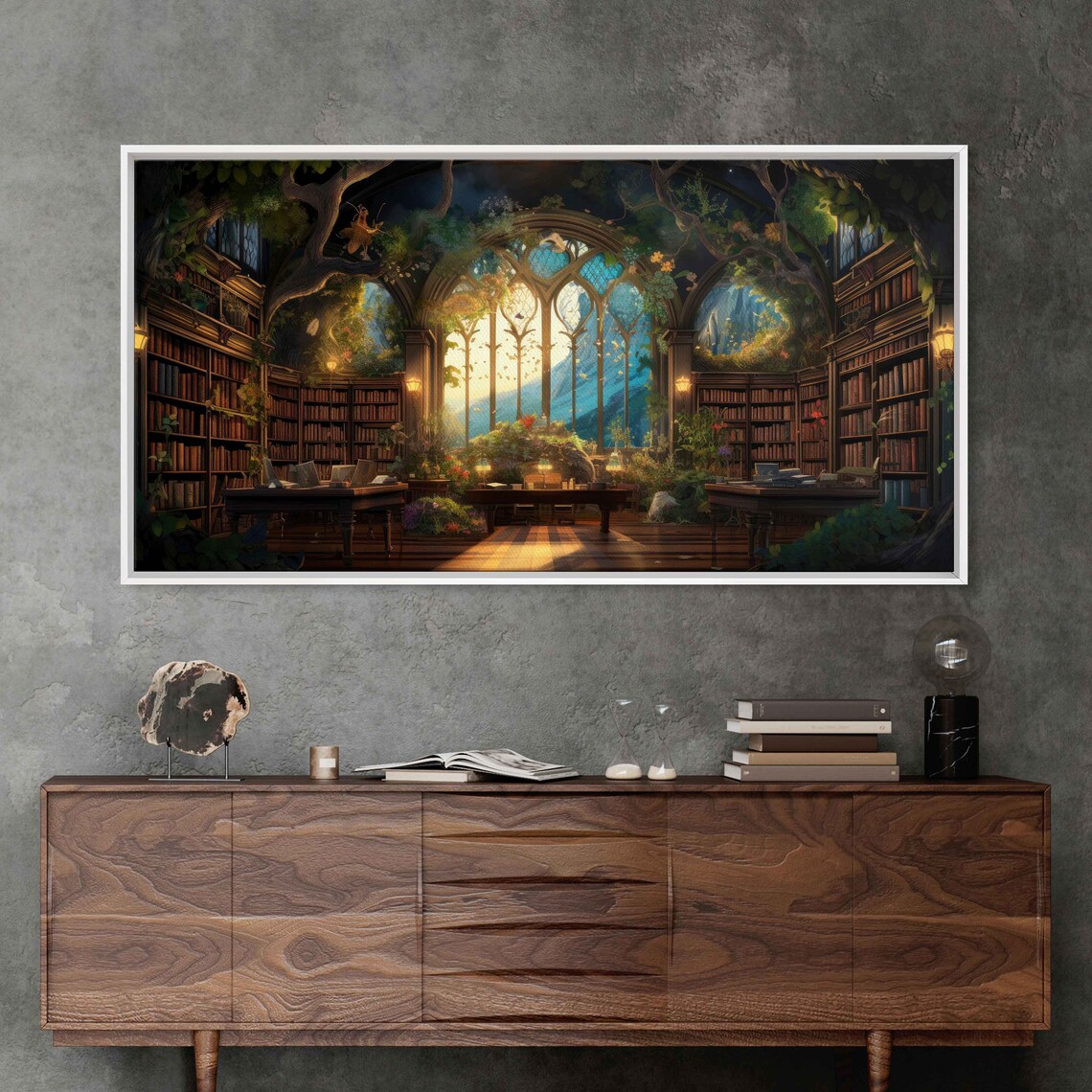 Enchanted Treehouse Library Night Glowing Windows Fireflies Fantasy Poster - Image 3