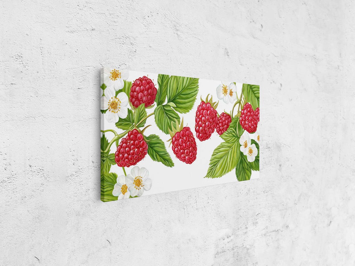 Ripe Red Raspberries White Blossoms Watercolor Kitchen Fruit Wall Art - Image 4