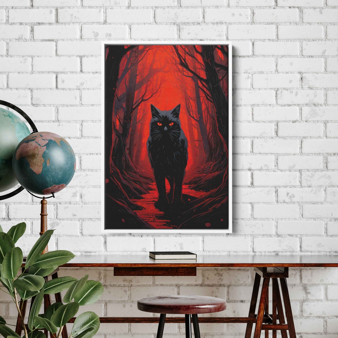 Black Cat Red Eyes In Blood Red Moonlit Forest Halloween Art Poster - Image 2