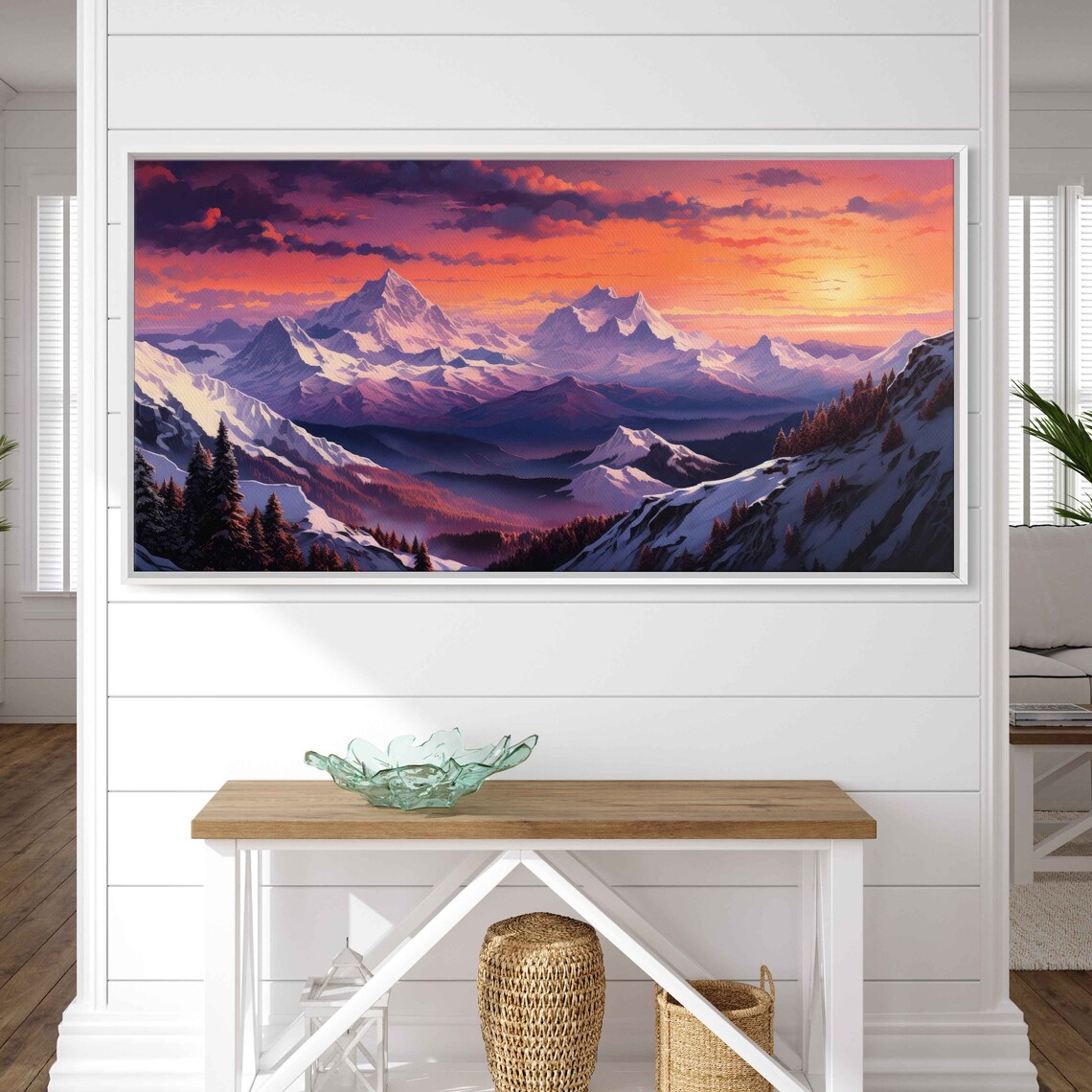 Snowy Alpine Peaks Sunset Orange Sky Panoramic Winter Landscape Poster - Image 2