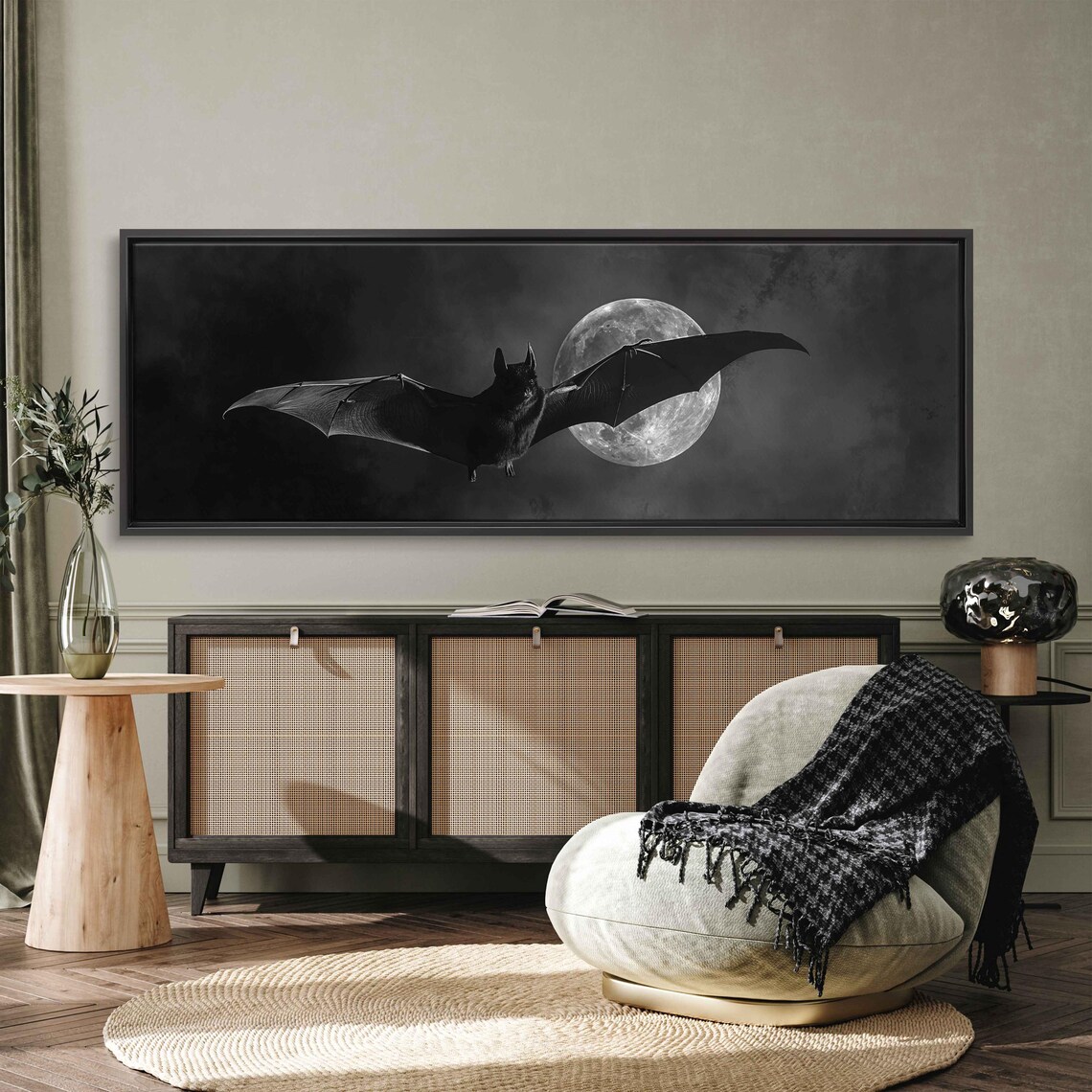 Black Bat Flying Across Full Moon Night Sky Gothic Halloween Wall Poster