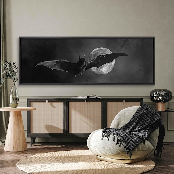 Black Bat Flying Across Full Moon Night Sky Gothic Halloween Wall Poster