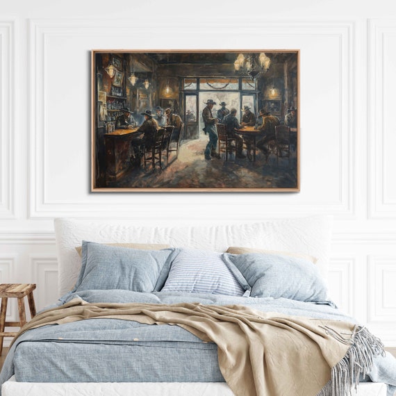 Wild West Bar Filled With Cowboys Wall Art Print Ready To Hang