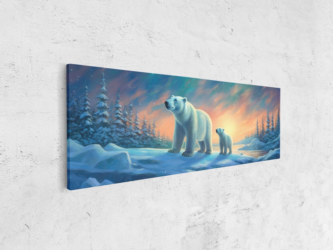 Mama Polar Bear and Cub Golden Sunset Snowy Pines Panoramic Wildlife Poster - Image 4