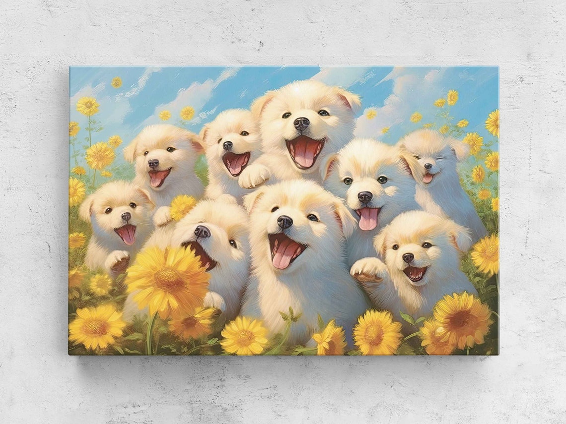 Fluffy White Puppies Sunflower Field Joyful Dog Lovers Art Print