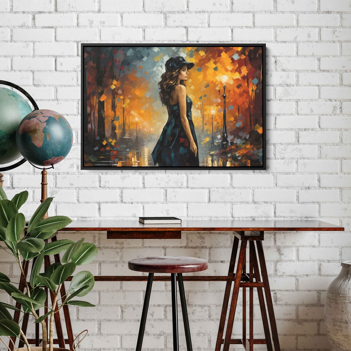 Woman Walking Autumn Night Street Palette Knife City Rain Lamp Art