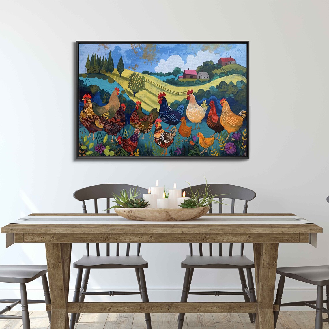 Colorful Folk Art Roosters Rolling Hills Red Barns Farm Poster - Image 3
