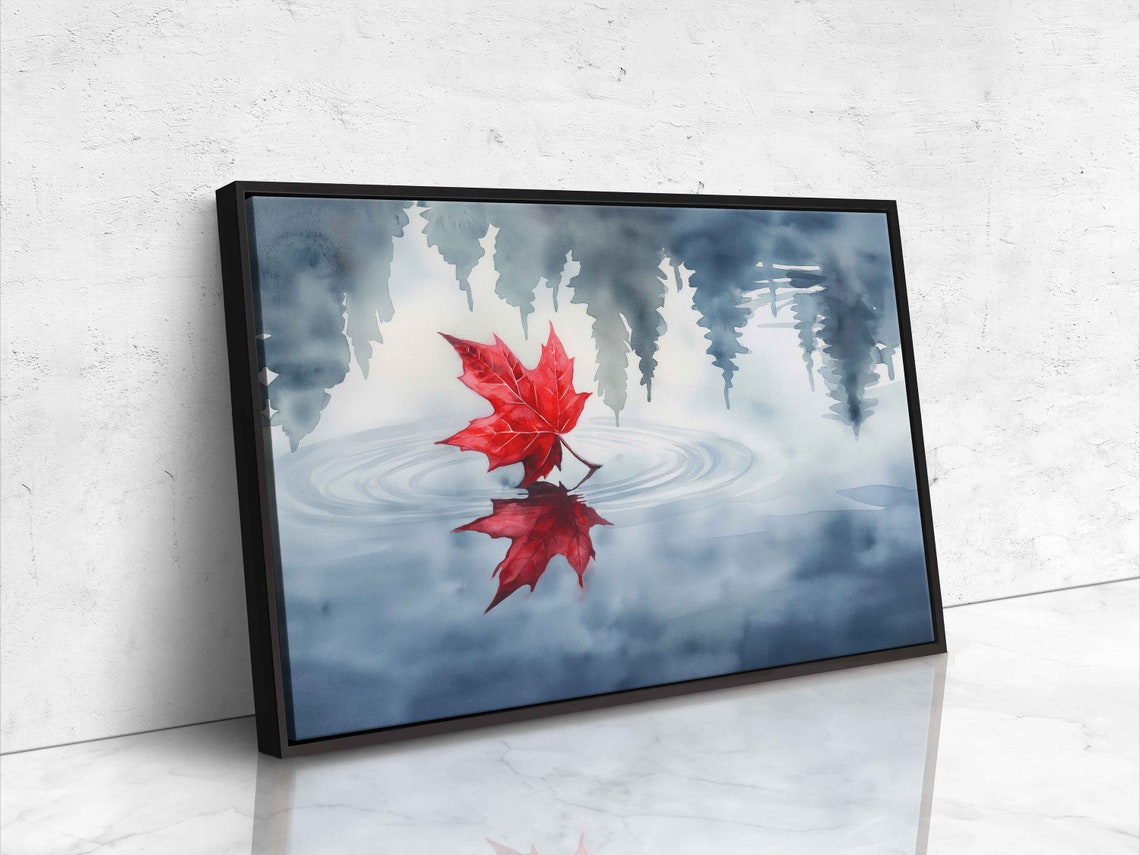 Red Maple Leaf Floating On Calm Water Reflection Watercolor Poster - Image 4