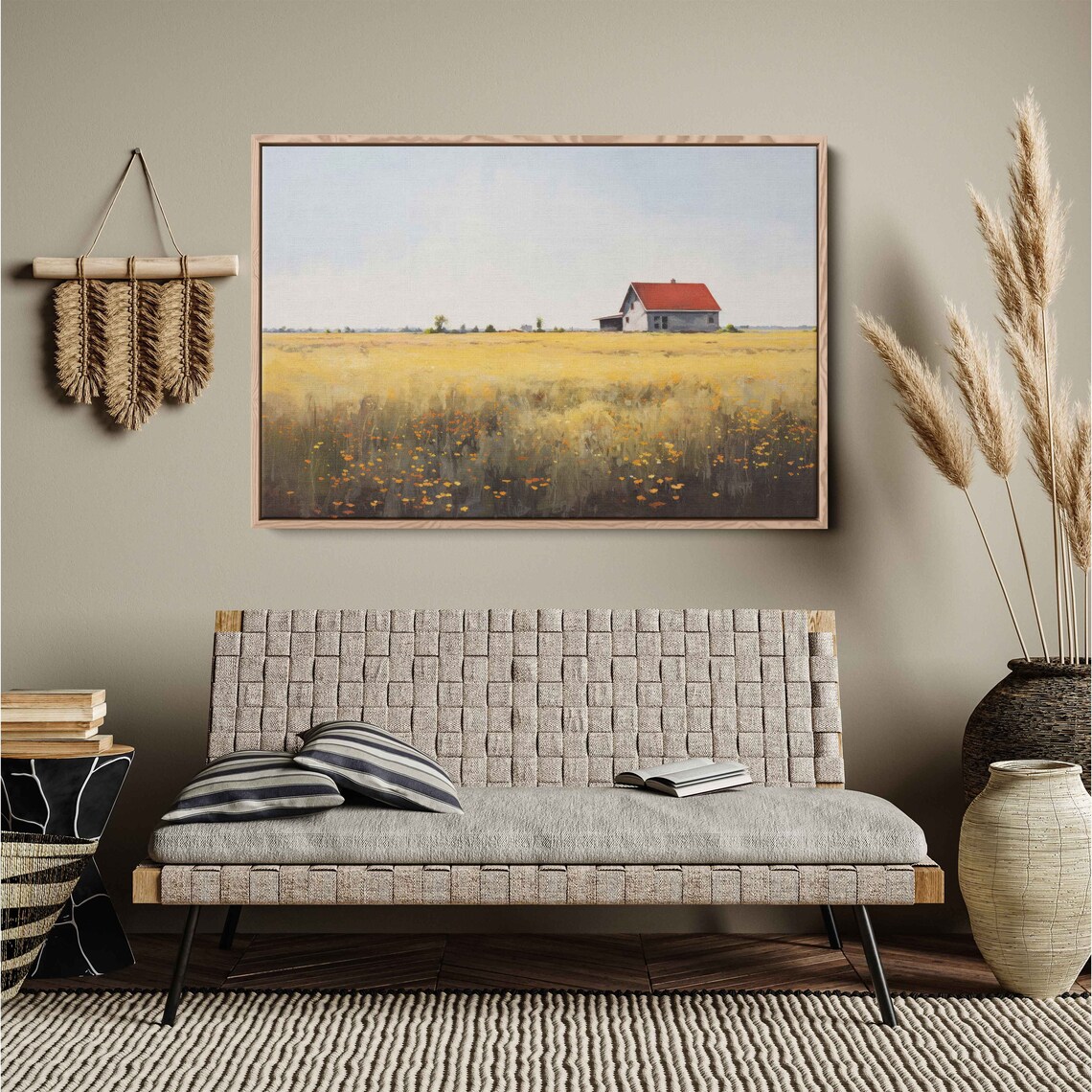 Golden Field Red Roof Farmhouse Wildflowers Country Sunset Poster