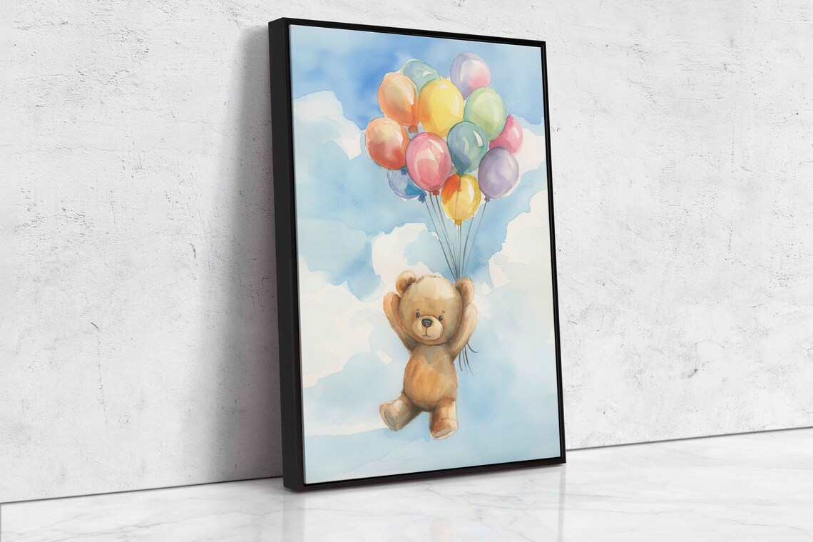 Teddy Bear Floating With Colorful Balloons Pastel Watercolor Kids Poster - Image 4