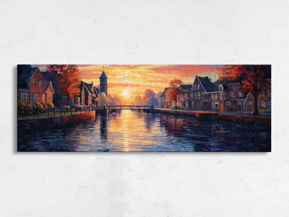 Pointillist Painting Of Canal At Sunset In A Quiet Town Framed Print Ready To Hang Pointillist Style Art