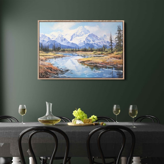 Talkeetna Alaska Uplifting Mountains Painting Wall Art Print Beautiful Snowy Mountain Range Frozen River Ready To Hang