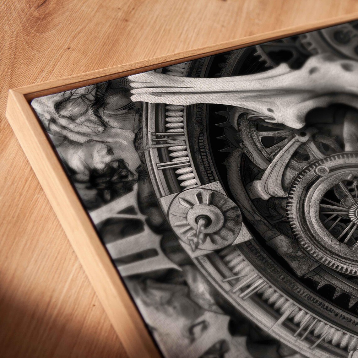 Ornate Skull With Horns Inside Clockwork Gears Monochrome Steampunk Art Print - Image 2
