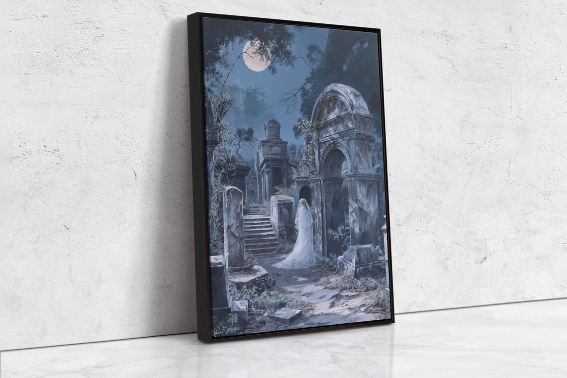 Ghostly Bride Walking Through Overgrown Moonlit Cemetery Wall Art - Image 4