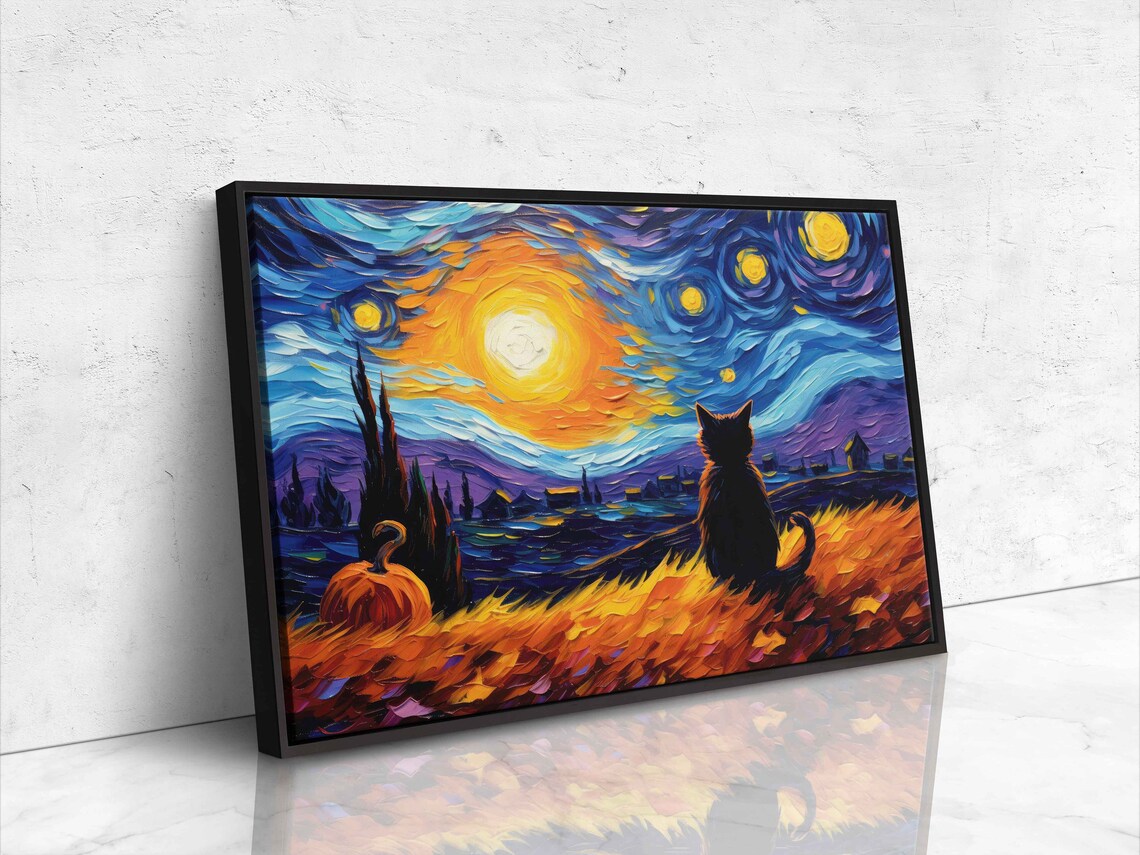 Black Cat Halloween, Van Gogh-Inspired Art Print - Image 4