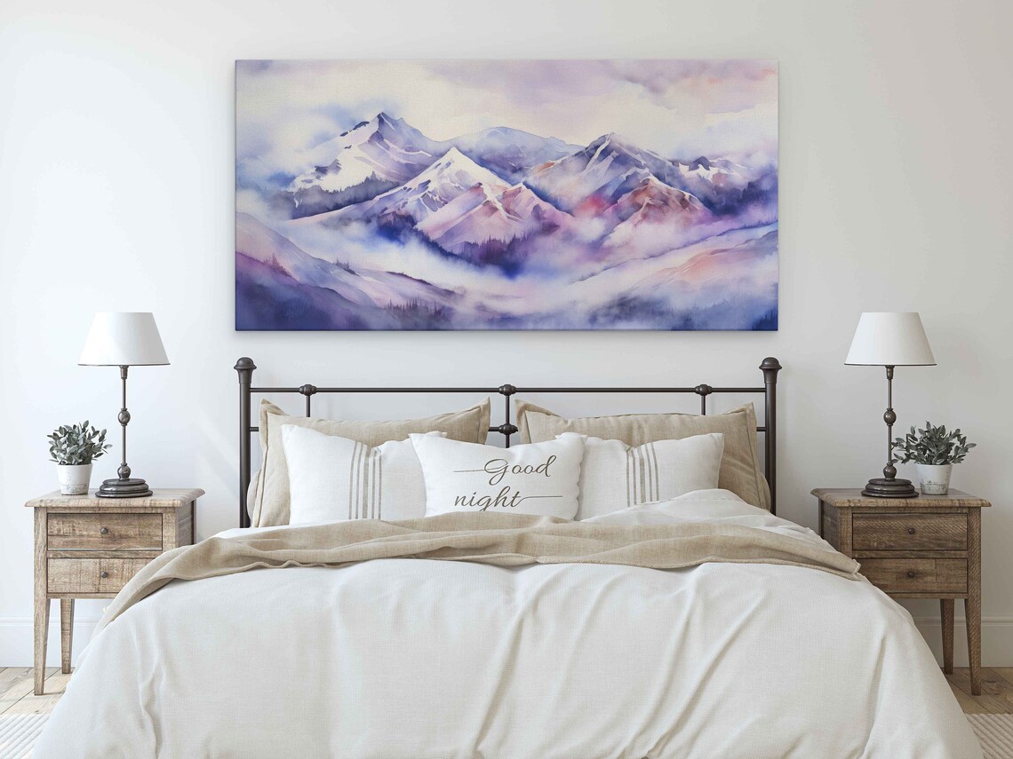 Beautiful Abstract Watercolor Of Purple Foggy Mountains Print On Ready To Hang Colorful Living Room Decor - Image 2