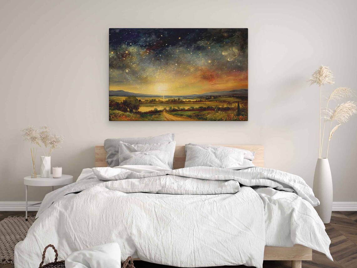 Starry Night Countryside Path Lake Warm Golden Sky Vintage Landscape Art Poster - Image 3