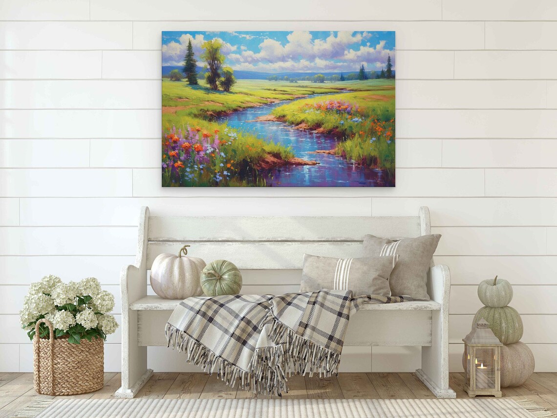 Summer Meadow River Painting, Vibrant Landscape Art Print - Image 2