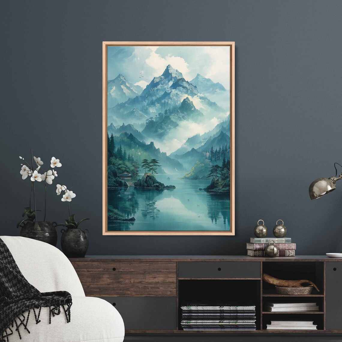 Asian Pagoda Misty Mountains Lake In Forest Painting Framed Print Ready To Hang - Image 3