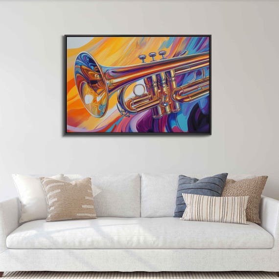 Trumpet Close Up Wall Art Print Bold Acrylic Painting Shiny Brass Abstract Sound Waves