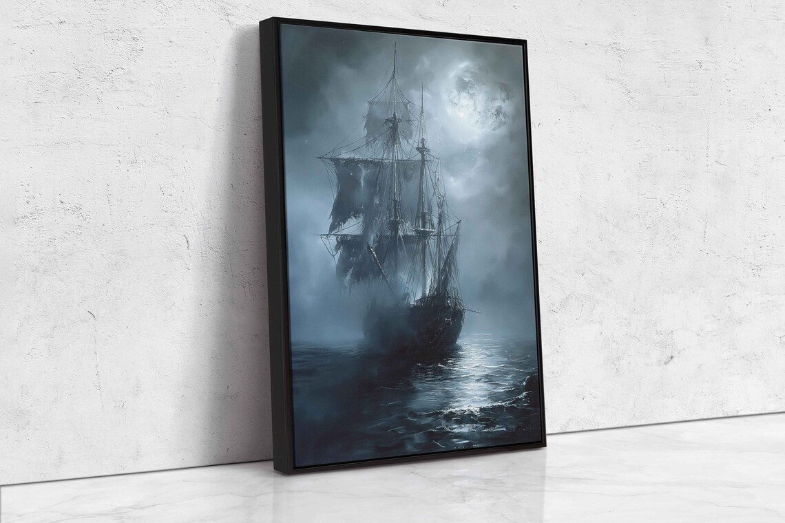 Haunted Ghost Pirate Ship, Moonlit Sea Poster Print - Image 4
