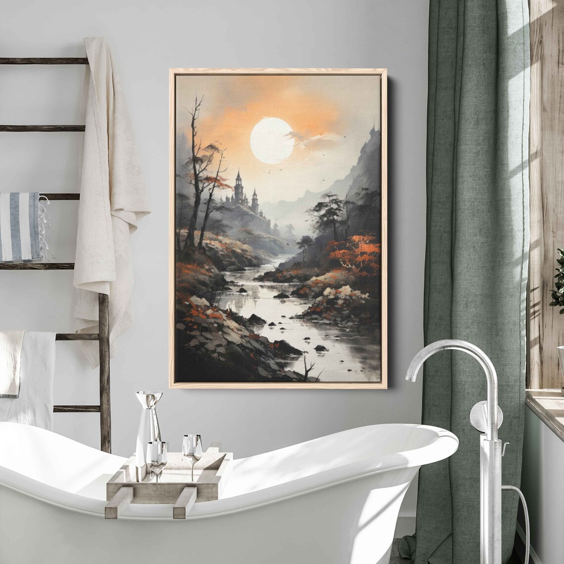Watercolor River Castle Wall Art Print Dead Trees Medieval Castles Mountain Range Rising Sun Ready To Hang - Image 2