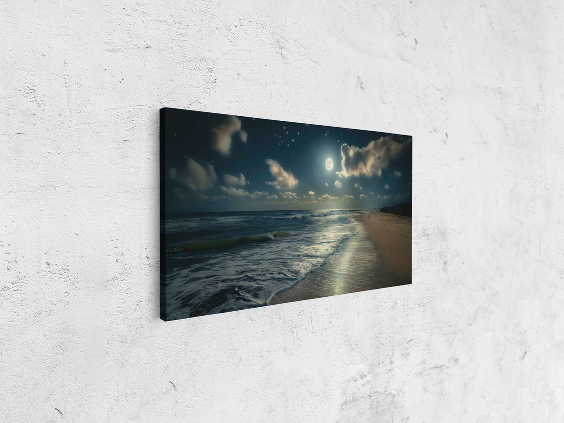 Moonlit Beach Shoreline Full Moon Glow Night Surf Art Poster - Image 4