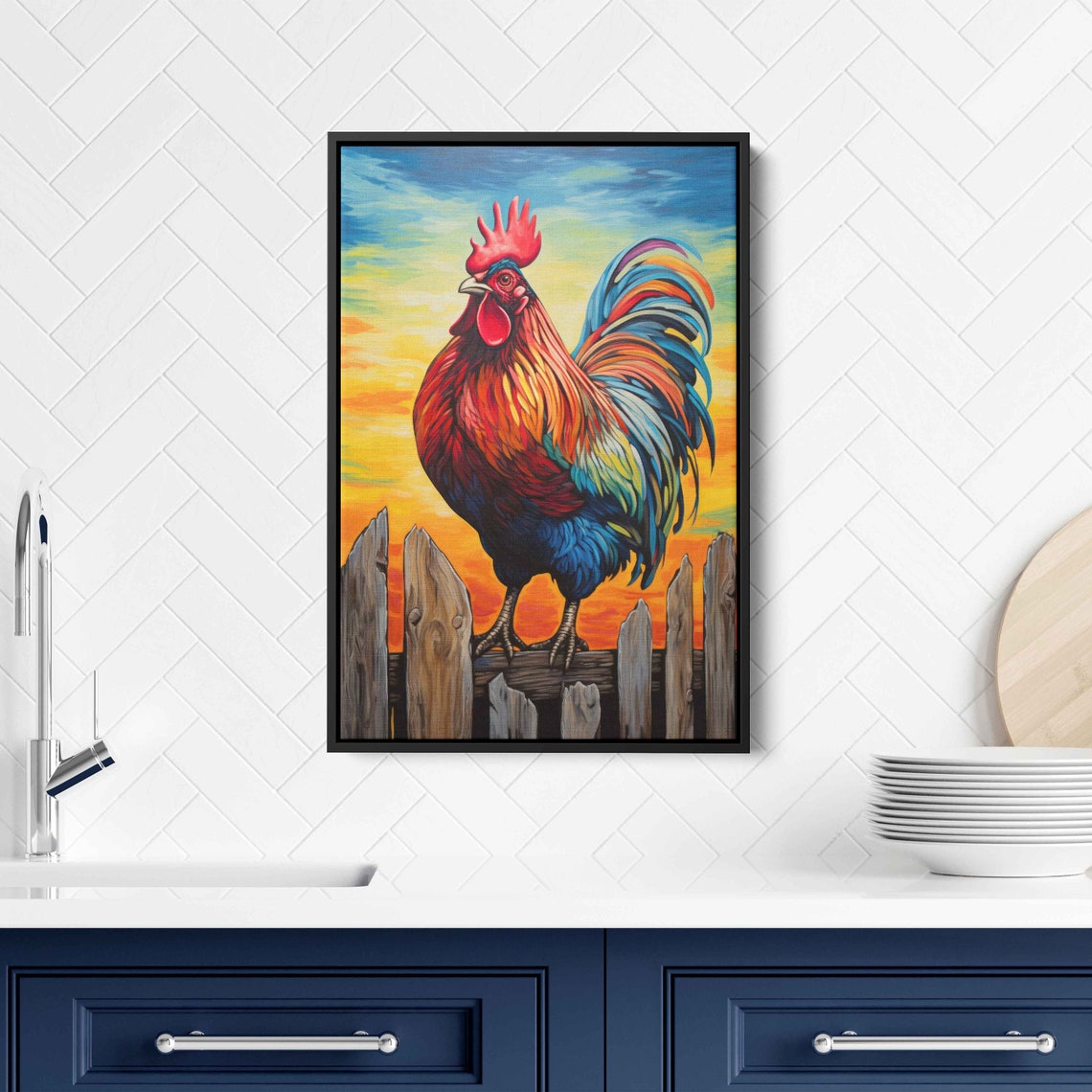 Colorful Rooster on Fence Sunset Sky Rustic Farmhouse Kitchen Wall Art