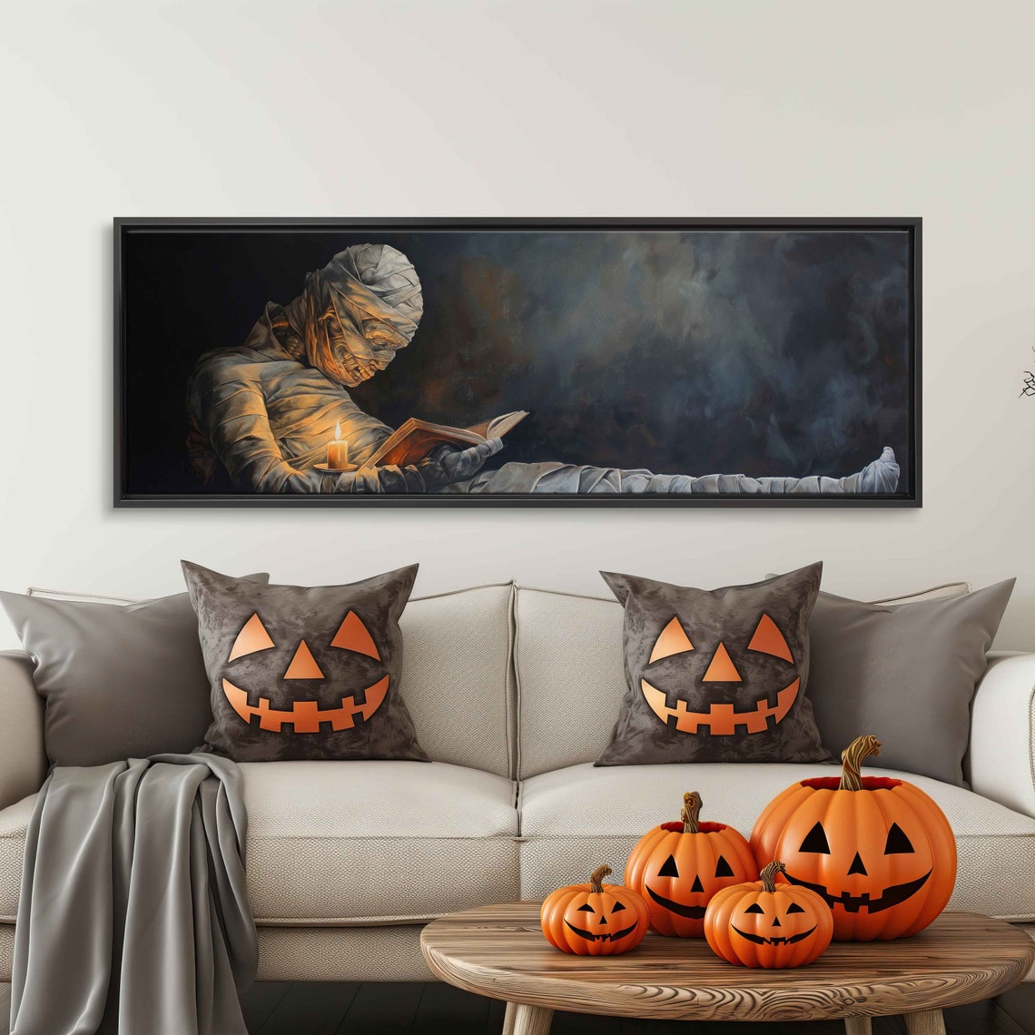 Mummy Reading Book by Candlelight Spooky Oil Painting Panoramic Print - Image 3