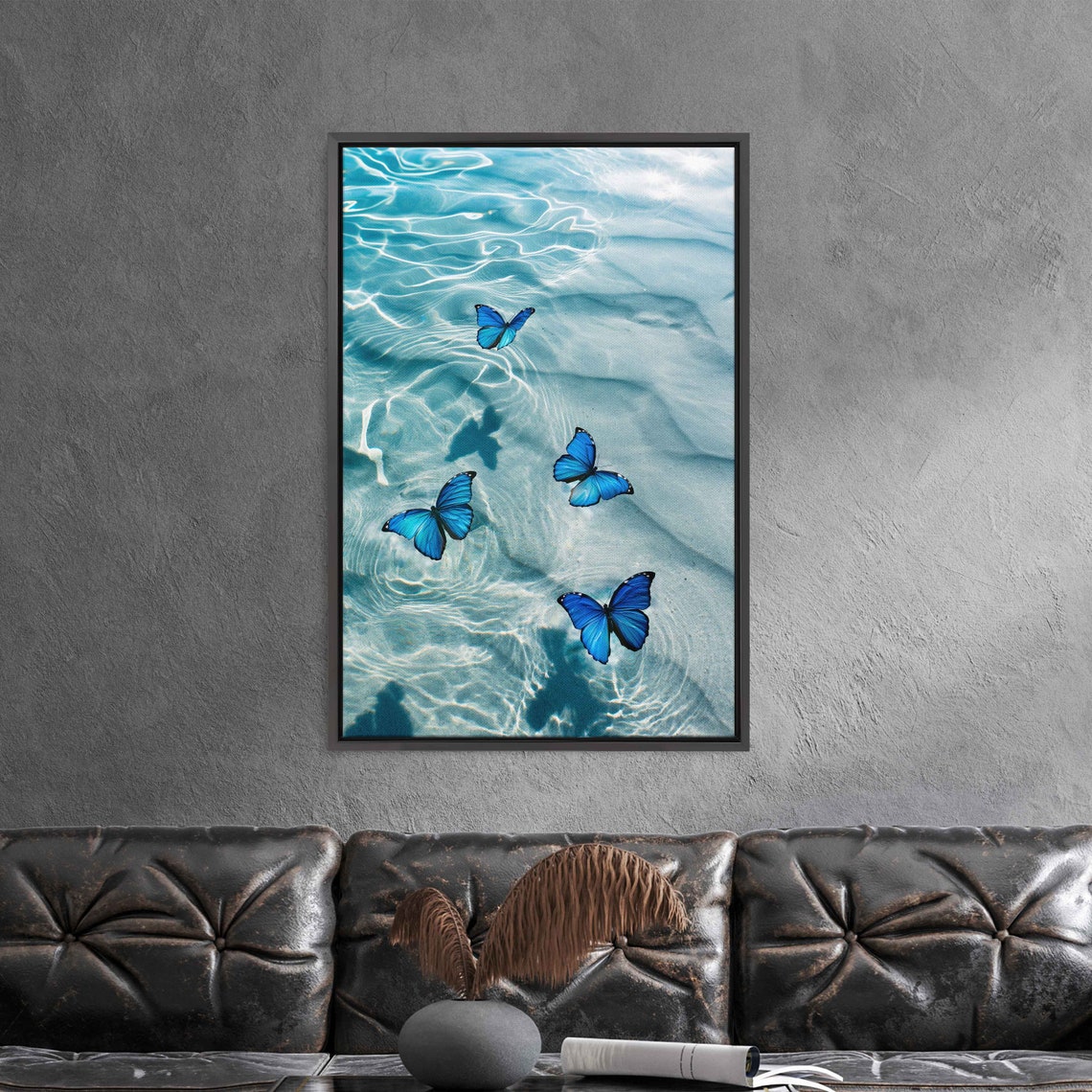 Blue Morpho Butterflies Over Rippled Turquoise Water Nature Art Print - Image 3