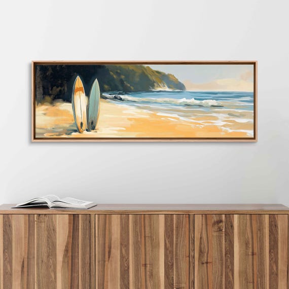Surf Boards On Sandy Acrylic Beach Wall Art Print Tropical Island Gift For Surfer Blue Water Palm Trees Ready To Hang