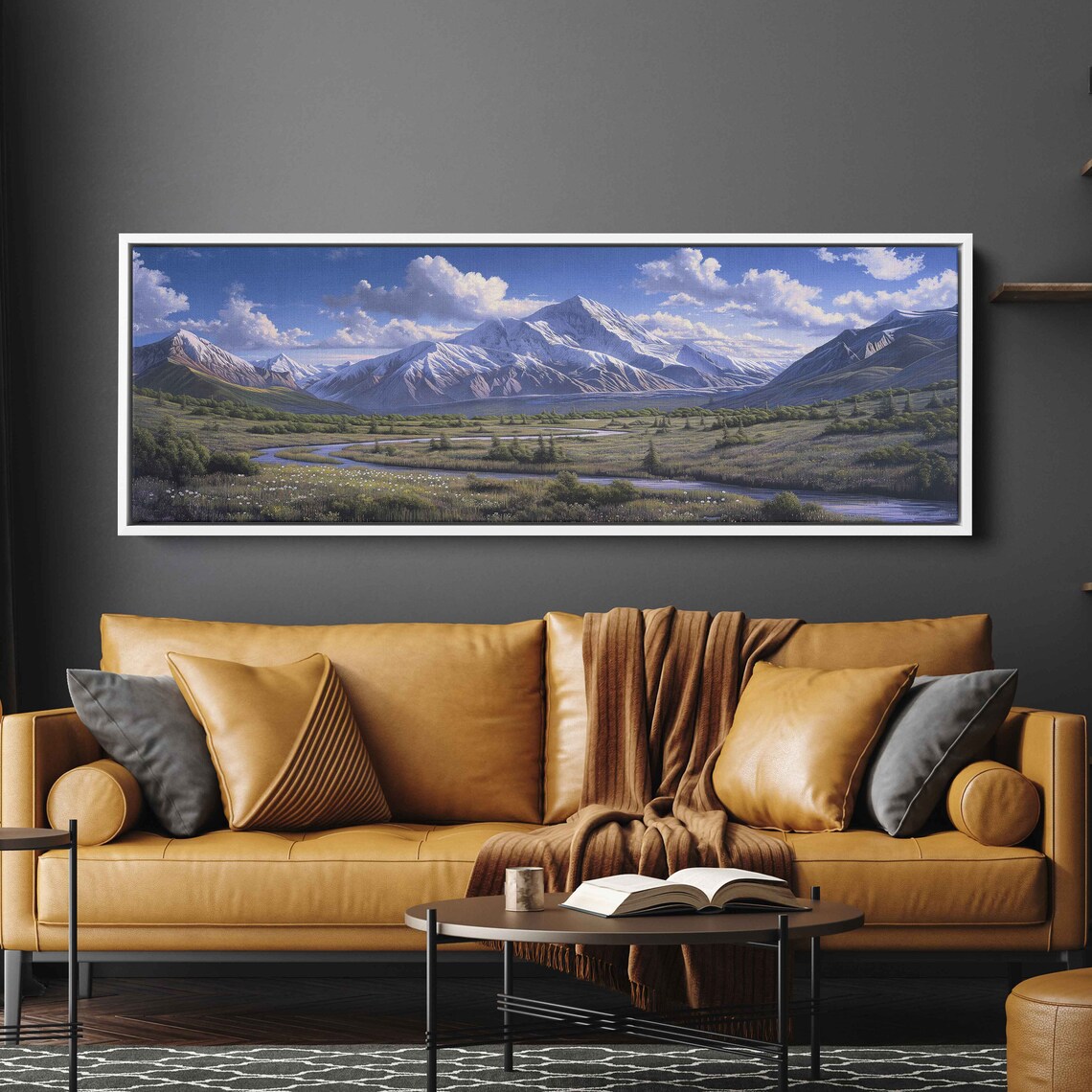 Denali National Park Panoramic Landscape Painting River Leading Up To Mountains Wall Art Print Cloudy Sky Open Field - Image 3