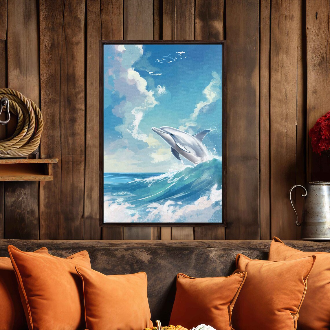Dolphin Jumping Out Of The Water Wall Art Print Aquatic Animal Poster Ocean Painting Lake House Decor Ready To Hang - Image 2